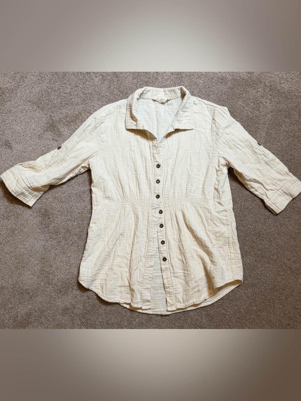Love Stitch Medium Cream Cotton Gauze Button Front Blouse Boho Roll Tab Sleeve